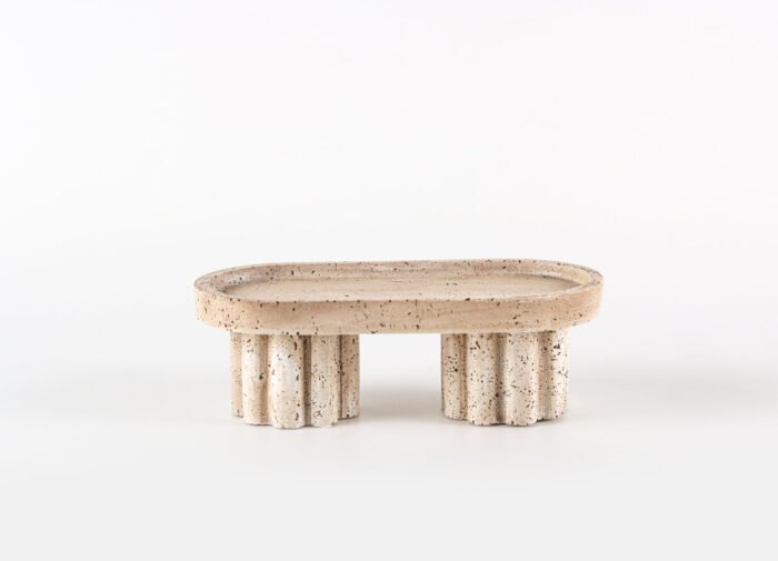 Zen Pillar Travertine Tray – oval travertine stone tray with pillar legs, wabi-sabi style.