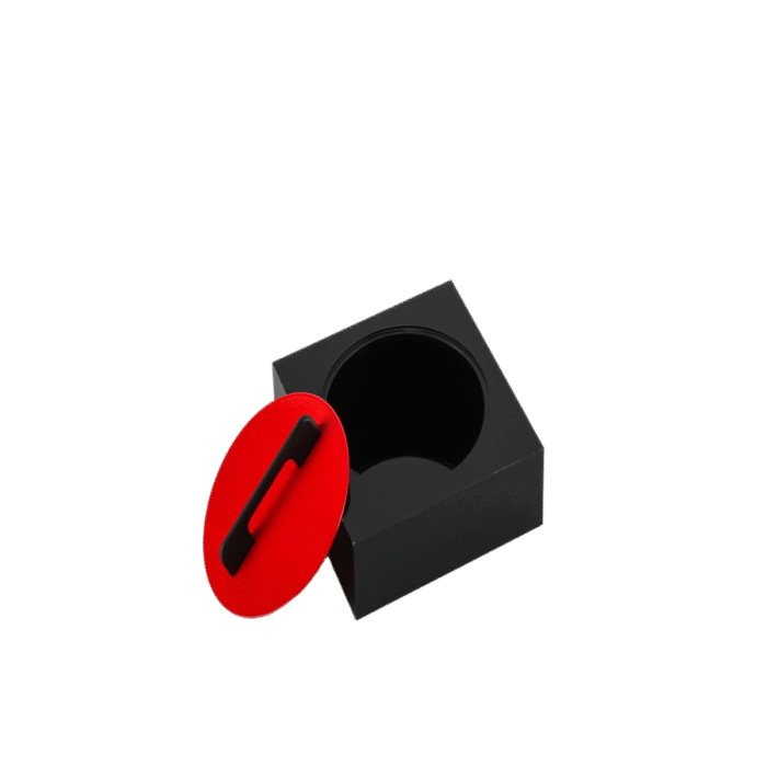 Black cube jar with red lid and handle – Crimson Seal by MAZART