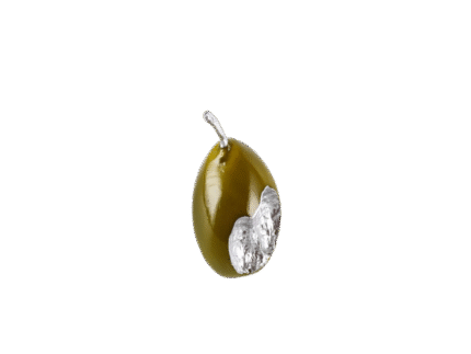 Olive-green pear-shaped decorative sculpture with silver stem and bite detail, symbolizing surreal beauty and modern artistic design.