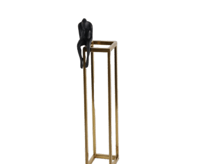 Large black figure in a thinking pose seated on a tall gold open-frame pedestal, designed as a modern sculptural accent for artistic interiors.
