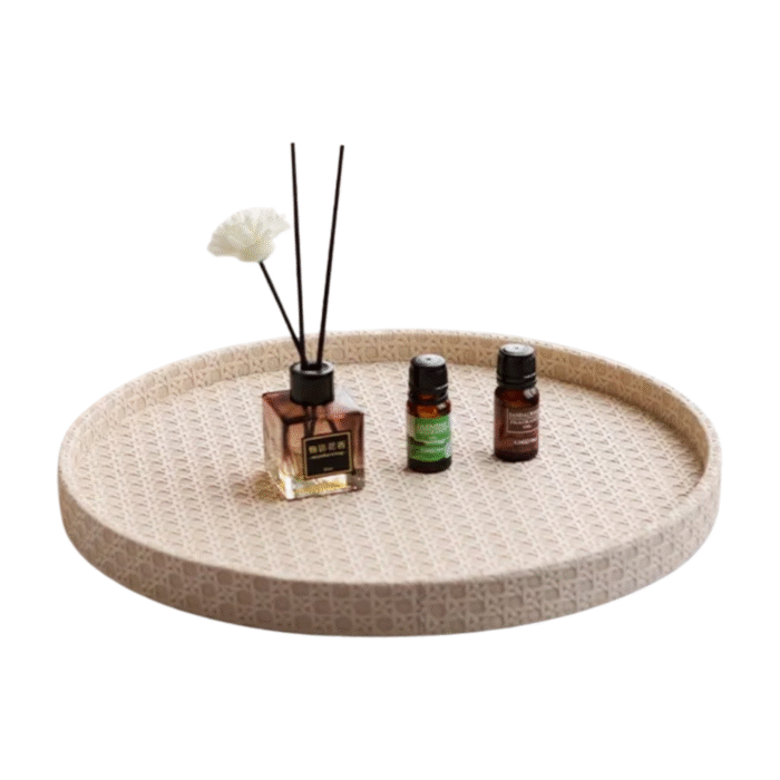 Minimalist decorative round tray with textured surface, Sandstone Harmony.