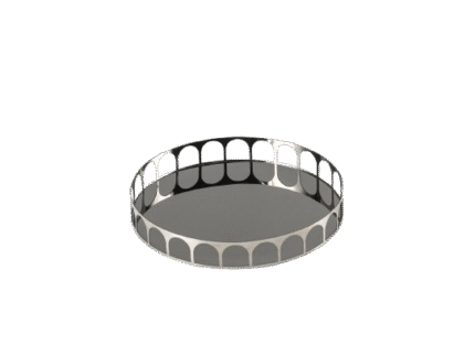 Polished steel geometric tray with mirrored base and architectural arch frame – modern round tray for interior decor