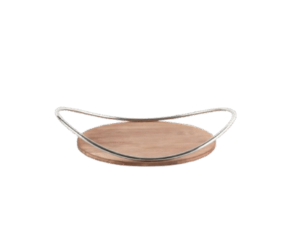 Oval wood tray with chrome sculptural handles – modern rustic serving and display tray