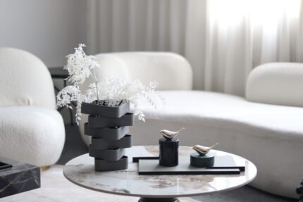 grey layered decorative vase UAE styled on a contemporary console