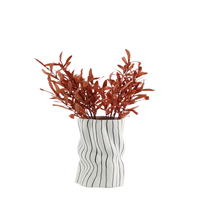 Waves of Silence Vase with black vertical lines and curved sculptural form