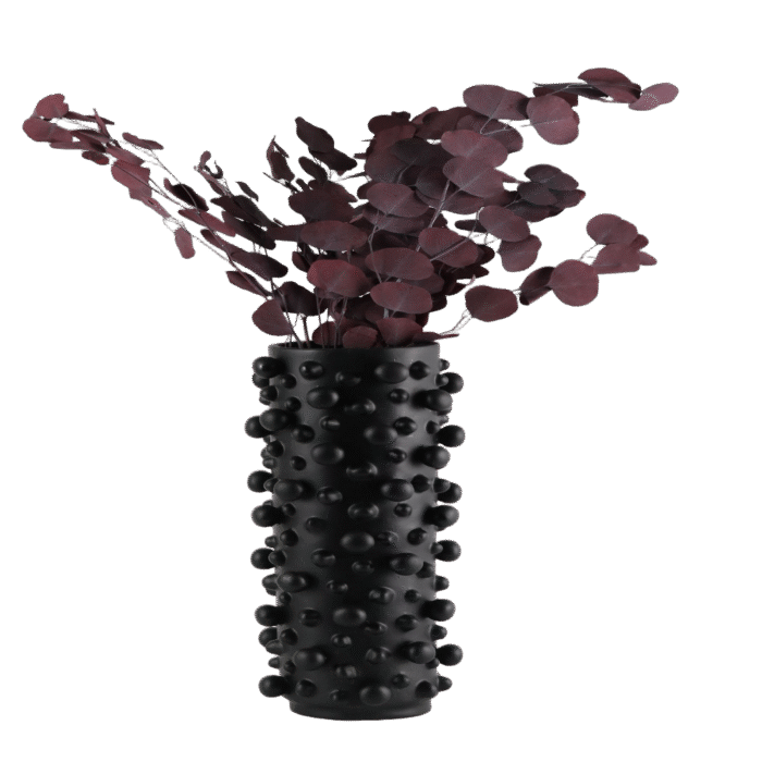 Black bubbling textured sculptural vase, Noir Bubble design.