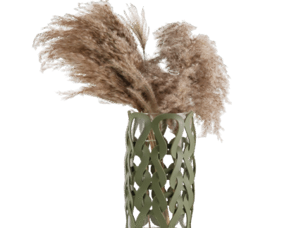 Green decorative vase with open sculptural pattern and matte finish, styled with dried pampas for organic modern home decor.