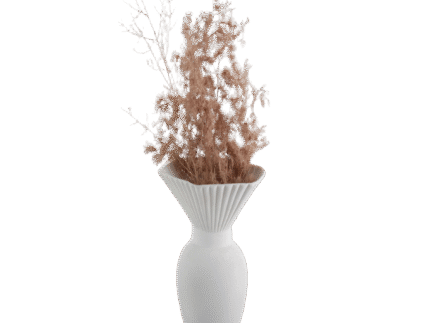 White decorative vase with a fluted wide opening and sculptural form, styled with dried florals for modern artistic interior display.