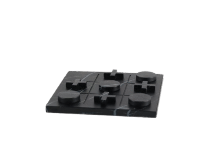 XO black marble tic tac toe set with matching round and cross pieces styled on a dark surface