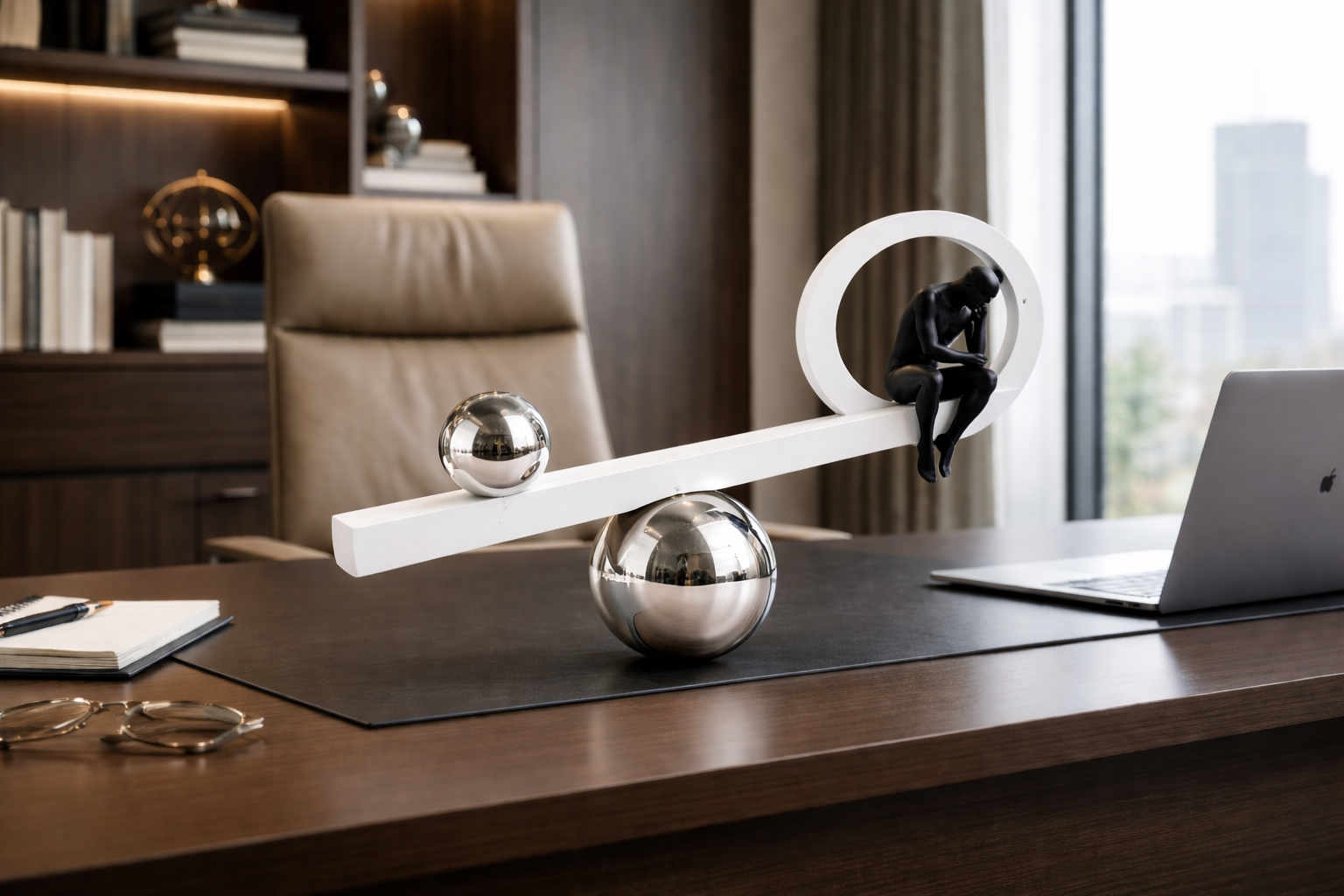 Modern metallic balance decor with black figurine and silver spheres – Equilibrium Line by MAZART