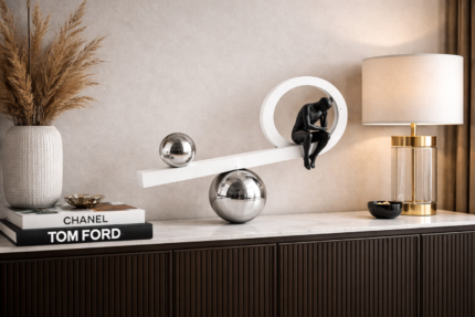Modern metallic balance decor with black figurine and silver spheres – Equilibrium Line by MAZART