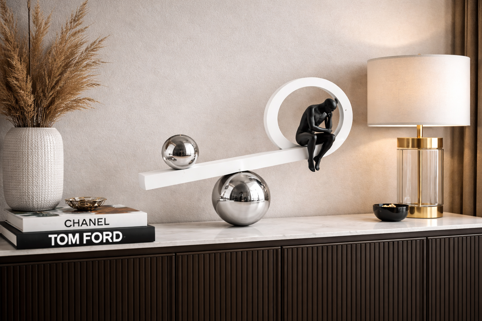 Modern metallic balance decor with black figurine and silver spheres – Equilibrium Line by MAZART