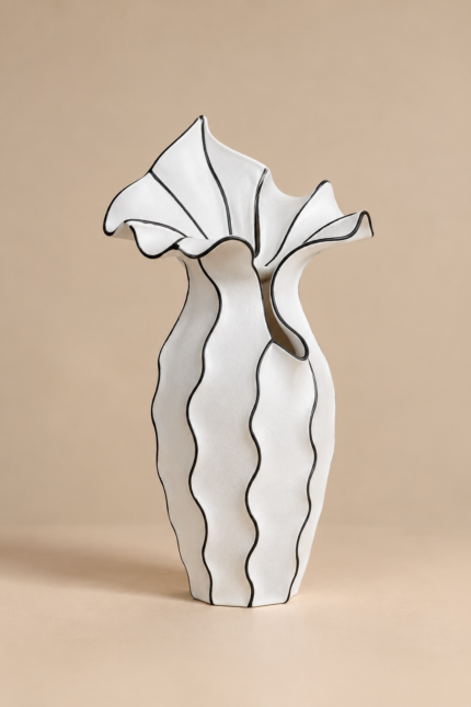 White Curved Sculptural Vase with Black Stripe