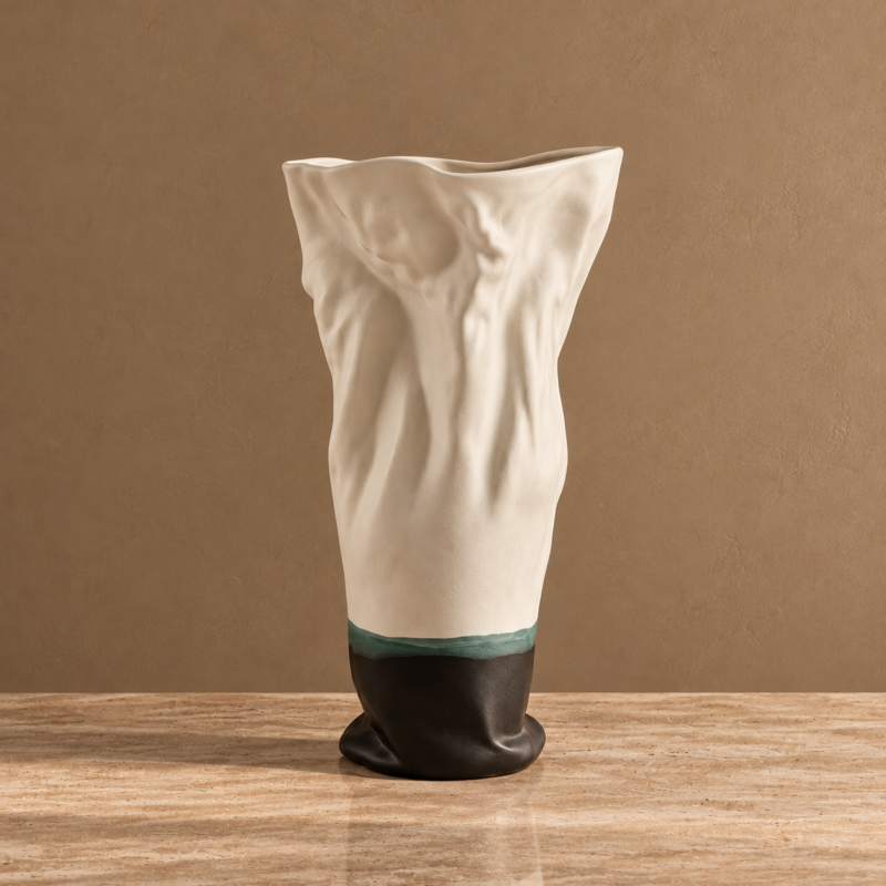 White Draped Sculptural Vase with Dark Base