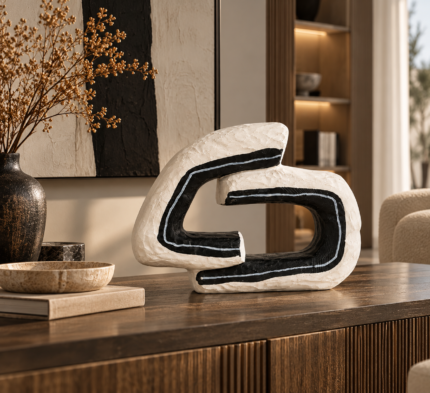 Abstract Sculptural Vase in white with black brushstroke design by Mazart Home