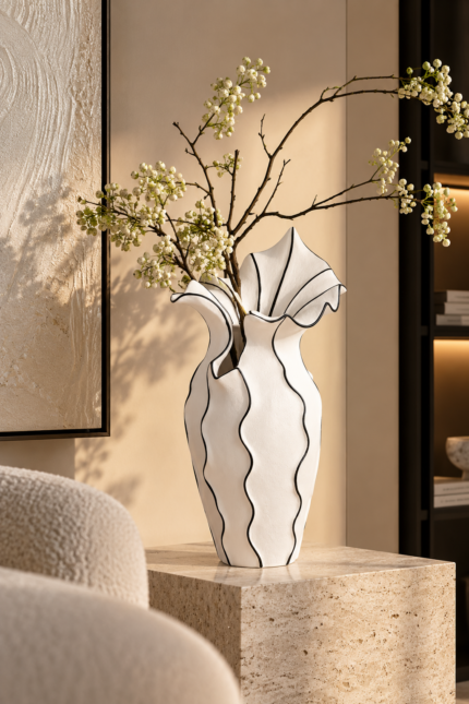 White Curved Vase with Black Stripe – Mazart Home UAE