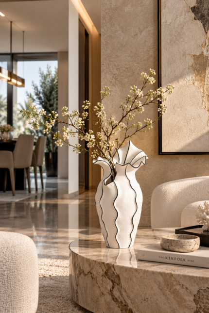White Curved Sculptural Vase with Black Stripe UAE | Modern Contrast Decor