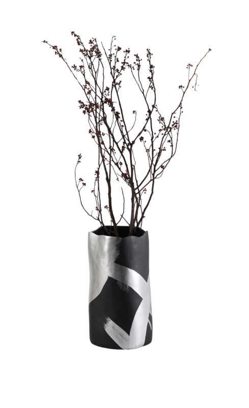 Black decorative vase with silver brushstroke, Silverstroke design.