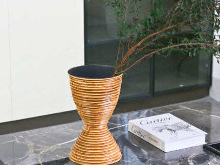 Terra Strata Vase – Hourglass terracotta vase with textured layers and black interior by MAZART