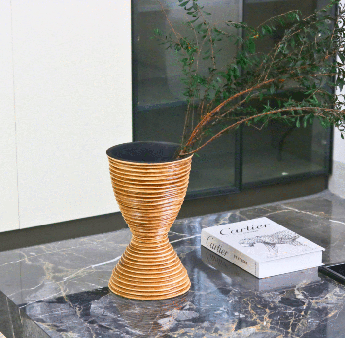 Terra Strata Vase – Hourglass terracotta vase with textured layers and black interior by MAZART