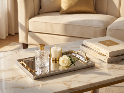 Silver Mirrored Tray with Gold Branch Handles – Luxury Decor UAE