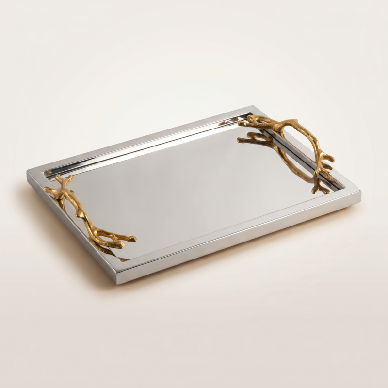 Silver Mirrored Tray with Gold Branch Handles – Luxury Decor UAE