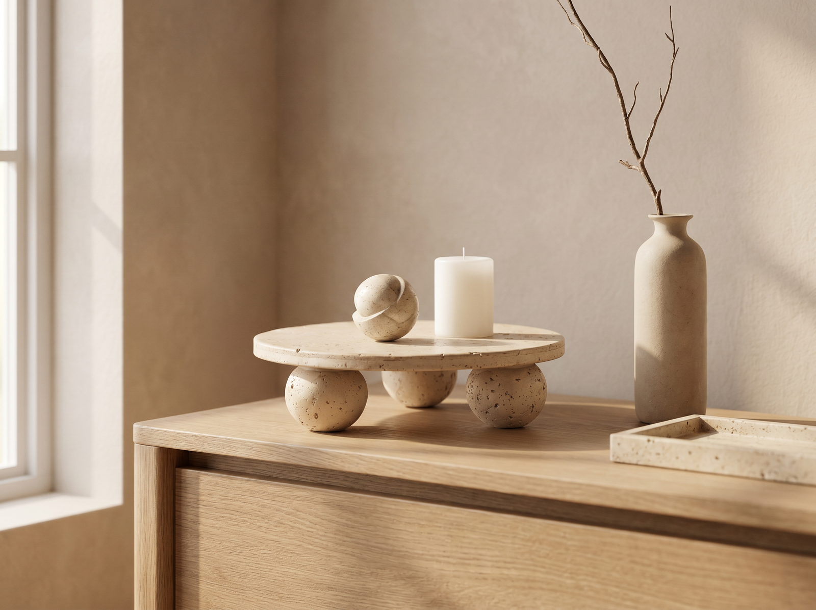 Sora Orb – Travertine Tray with Japandi Style