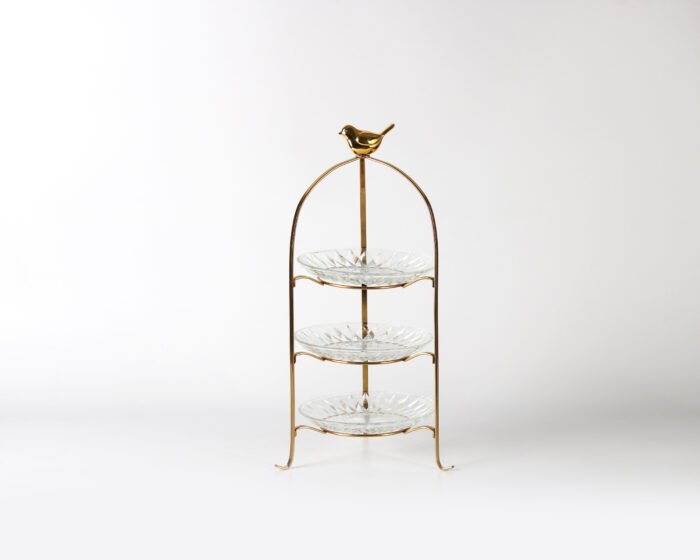 Gold 3-tier dessert stand with glass plates and a bird topper – vintage whimsical tray for serving or display