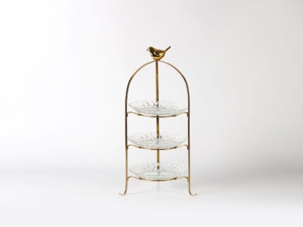 Gold 3-tier dessert stand with glass plates and a bird topper – vintage whimsical tray for serving or display