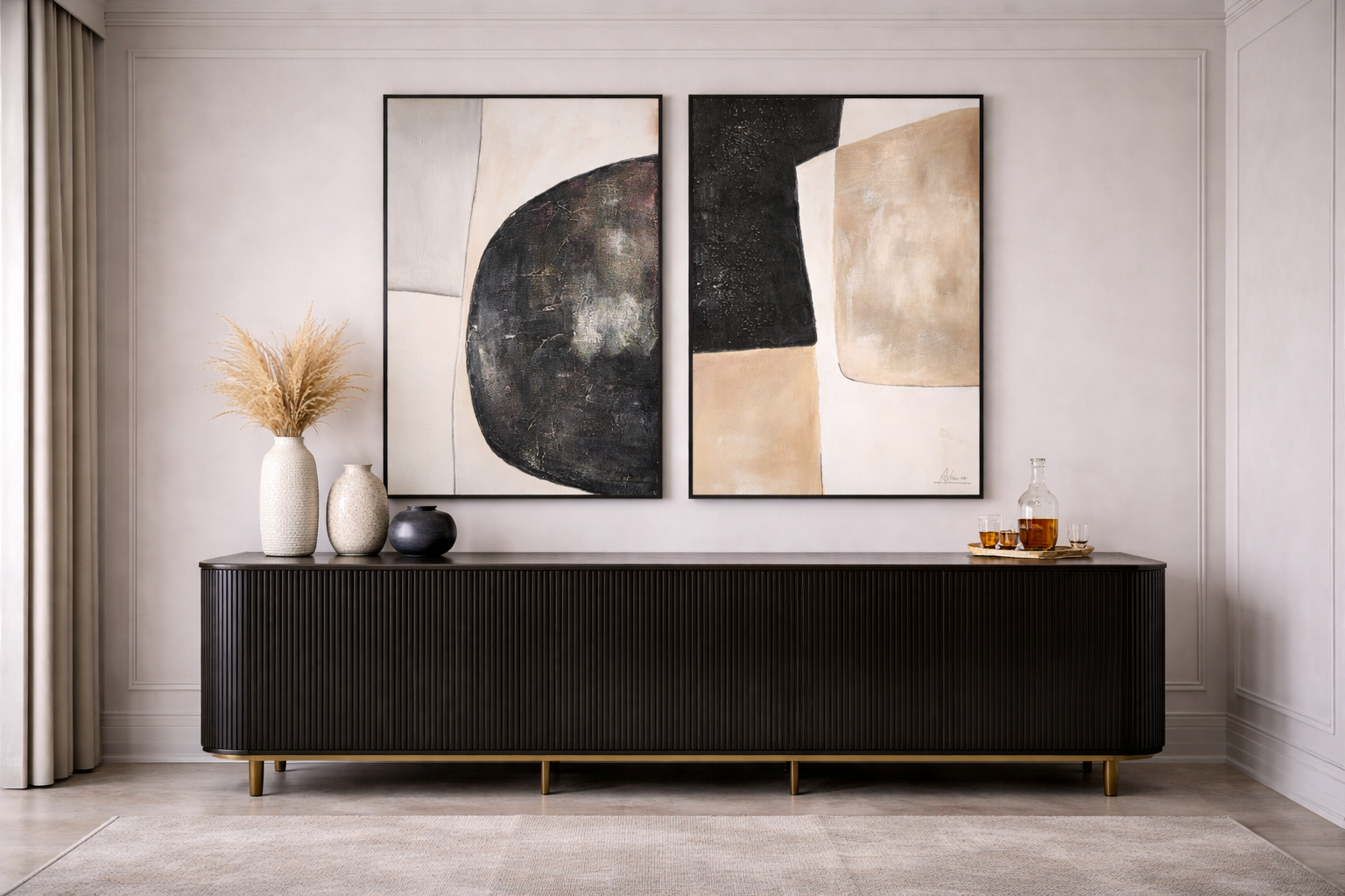 geometric abstract wall art hand-painted in black and beige with textured canvas
