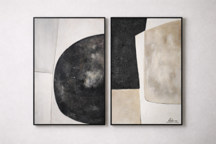 geometric abstract wall art hand-painted in black and beige with textured canvas