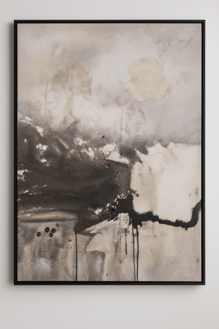 Ashen Reverie textured abstract painting 80x120 cm with black and ivory tones and hand-applied surface detail