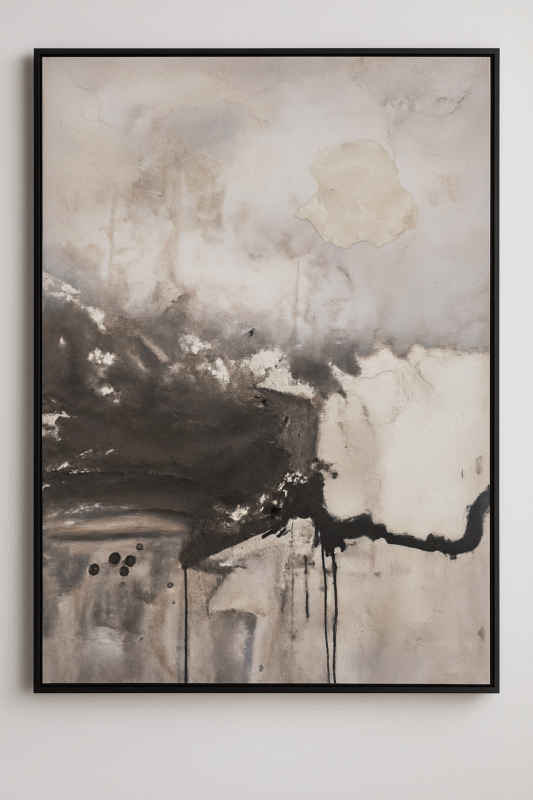 Ashen Reverie textured abstract painting 80x120 cm with black and ivory tones and hand-applied surface detail
