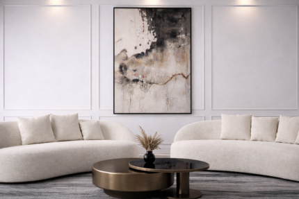 Earthen Fade textured abstract painting with black, ivory, and earth-tone layers on handcrafted canvas