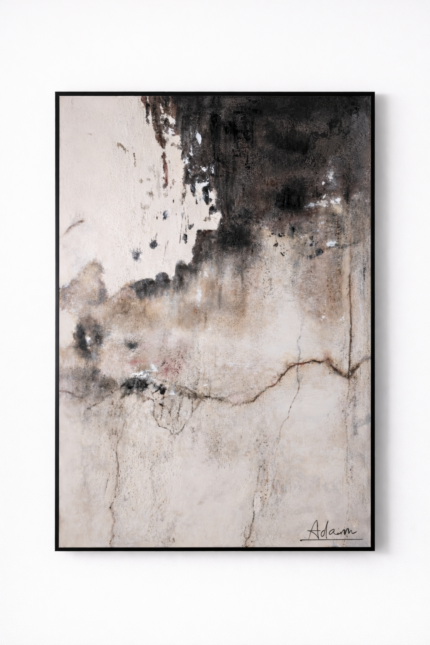 Earthen Fade textured abstract painting with black, ivory, and earth-tone layers on handcrafted canvas