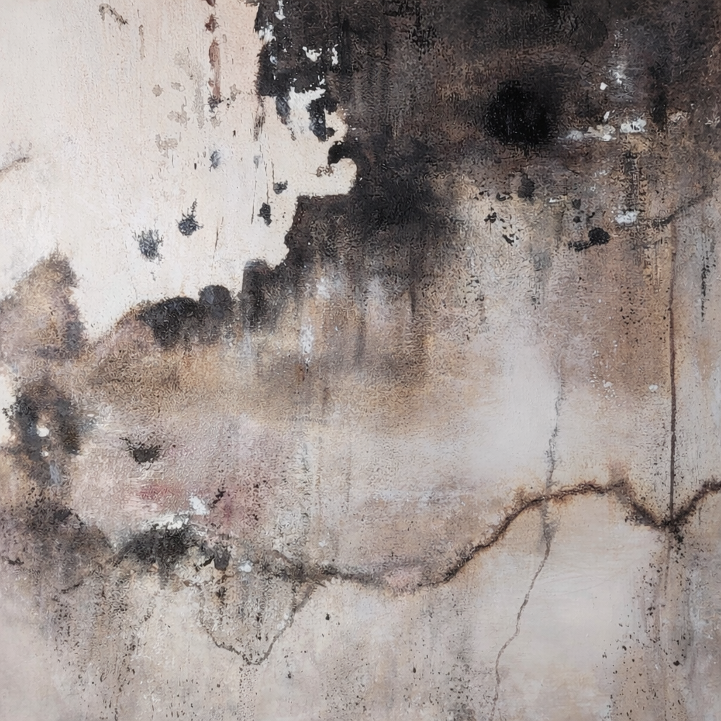 Earthen Fade textured abstract painting with black, ivory, and earth-tone layers on handcrafted canvas