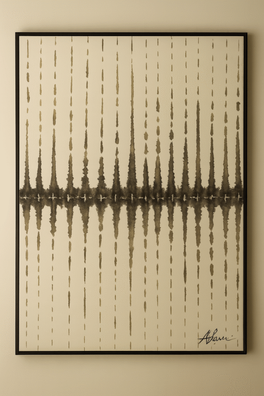 Echo Veil hand-painted abstract wall art 80x120 cm with black textured vertical lines on ivory background