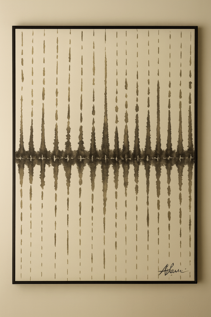 Echo Veil hand-painted abstract wall art 80x120 cm with black textured vertical lines on ivory background