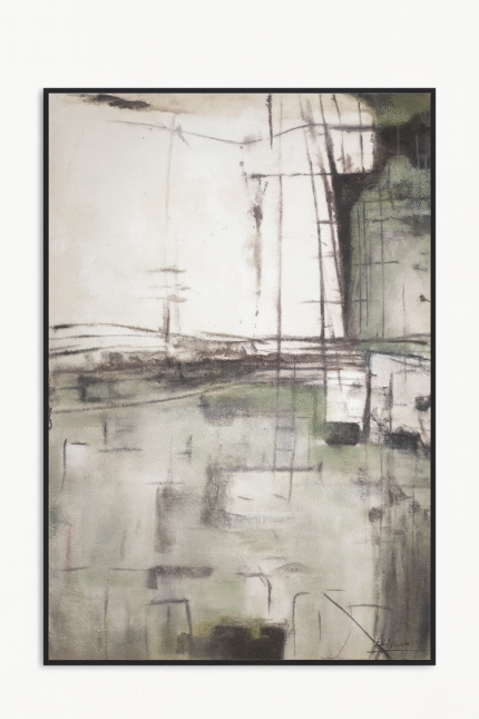 Beige green abstract wall art UAE – hand-painted modern canvas framed in black – Mazart Home Dubai