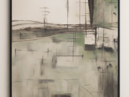 beige and green abstract wall art painting with textured strokes and vertical composition