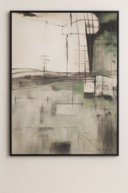 beige and green abstract wall art painting with textured strokes and vertical composition