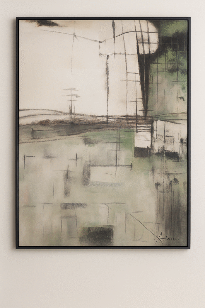 beige and green abstract wall art painting with textured strokes and vertical composition
