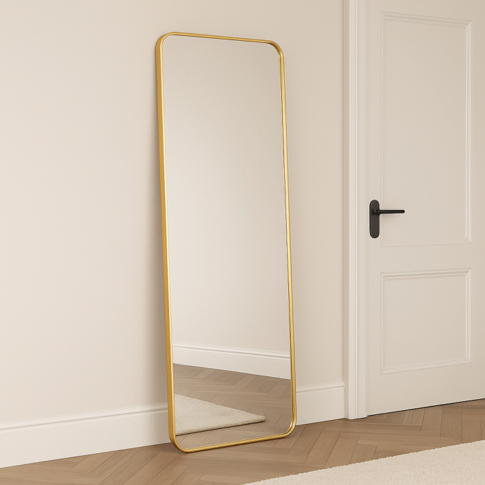 gold full length standing mirror with slim frame for modern interiors