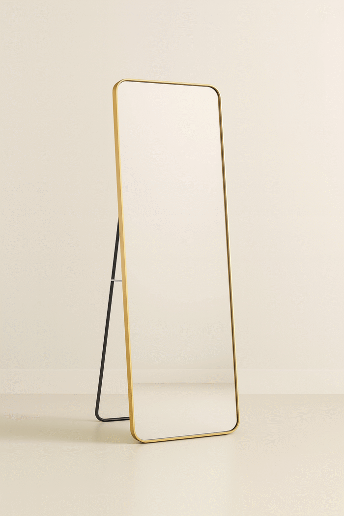 gold full length standing mirror with slim frame for modern interiors