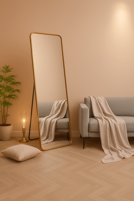 gold full length standing mirror with slim frame for modern interiors