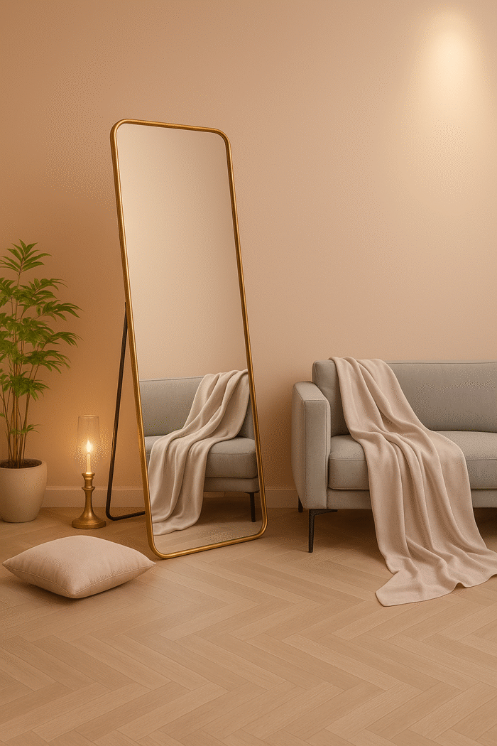 gold full length standing mirror with slim frame for modern interiors