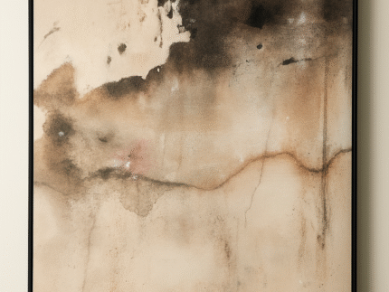 Earthen Fade textured abstract painting with black, ivory, and earth-tone layers on handcrafted canvas