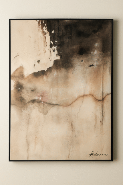 Earthen Fade textured abstract painting with black, ivory, and earth-tone layers on handcrafted canvas