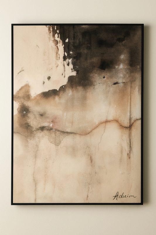 Earthen Fade textured abstract painting with black, ivory, and earth-tone layers on handcrafted canvas