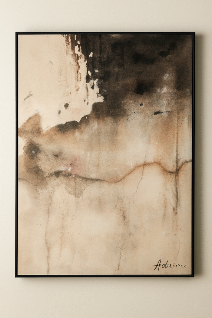 Earthen Fade textured abstract painting with black, ivory, and earth-tone layers on handcrafted canvas